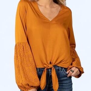 Wrangler Retro Women's Mustard Tie-Front V-Neck Top with Eyelet Balloon Sleeves